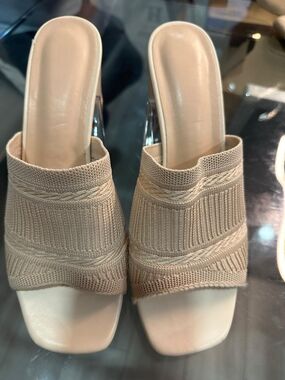 Beige Knit Slip-On Mules